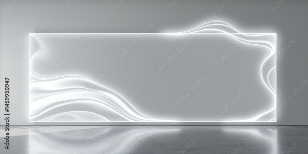 Poster abstract white rectangle with wavy light patterns on a reflective surface in a studio