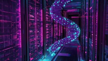DNA strands integrated with data processing visualized in a modern server room environment, dna strands and data processing over server room - Powered by Adobe
