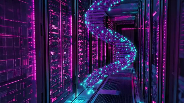 DNA strands integrated with data processing visualized in a modern server room environment, dna strands and data processing over server room - Powered by Adobe
