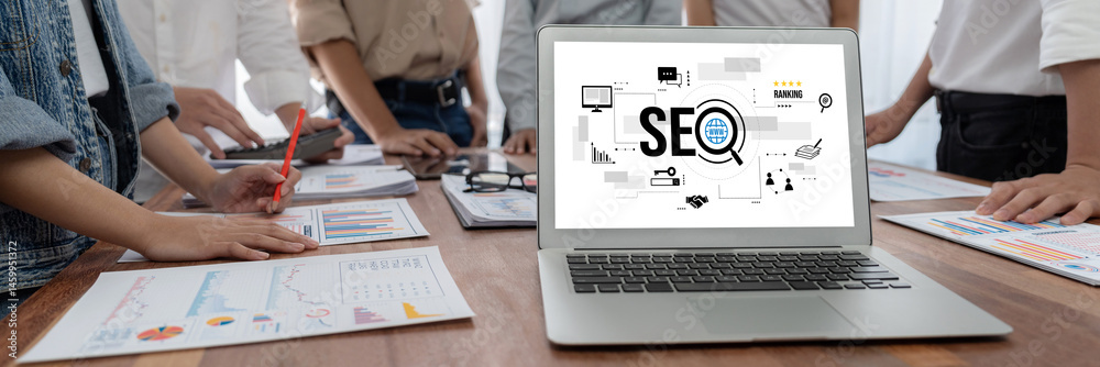 Poster SEO search engine optimization for brisk e-commerce and online retail business showing on computer screen
