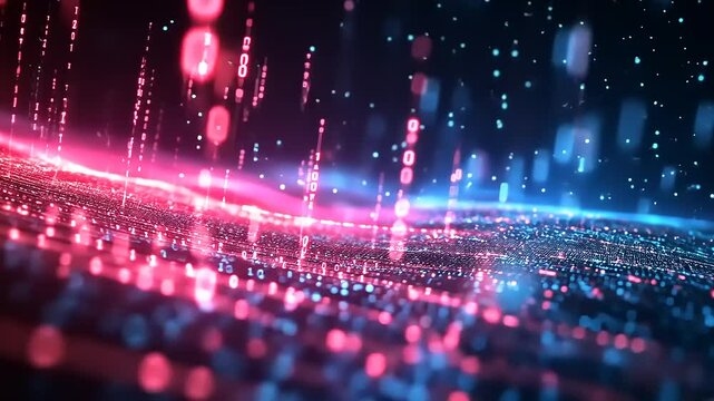 Abstract Digital Data Flow with Glowing Particles and Binary Code