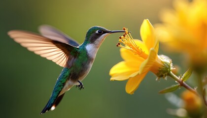 Fototapeta premium Hummingbird hovers mid-air near yellow flower drinking nectar. Bird in flight, feeding. Wildlife scene depicts agility, speed. Nature, garden background. Close up shot of tiny bird.