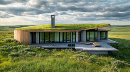 Fototapeta premium The hillside is home to a modern rammed earth building that blends in seamlessly