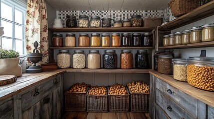 Rustic kitchen pantry with wooden shelves and glass containers high resolution image