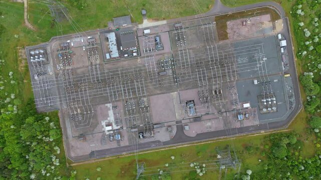 Aerial drone view power plant station sub station electricity renewables relay UK England Biggleswade energy generation