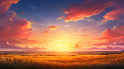 A vibrant sunset over a golden field with colorful clouds painting the sky in warm hues and soft light