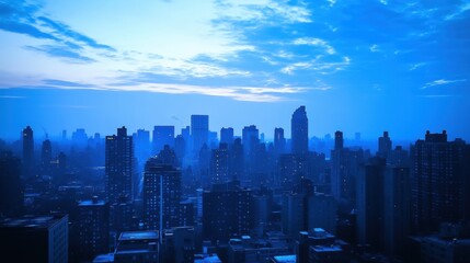 Obraz premium A metropolitan city skyline bathed in a deep blue twilight.