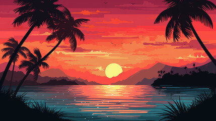 A tropical sunset scene with palm trees mountains and a body of water reflecting the colorful sky