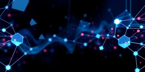 Obraz premium Abstract network with blue hexagons, triangles, squares, and lines on a dark background