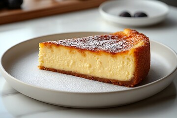 Smooth baked cheesecake slice on white plate high resolution image