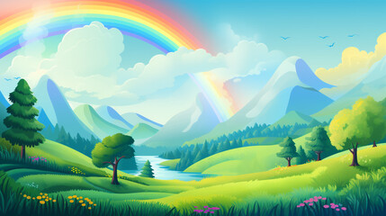 Cartoon landscape with rainbow over mountains, green hills, trees, and a river under a cloudy blue sky