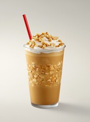 Iced coffee drink topped with whipped cream and crunchy peanuts