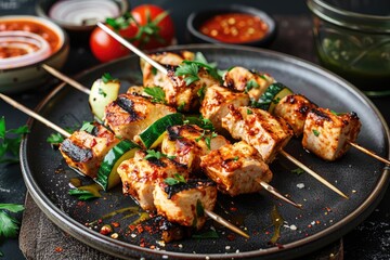 grilled chicken skewers in black plate with zucchini and paprika aioli, a smoky and flavorful dish combining tender chicken, vegetables, and creamy dipping sauce