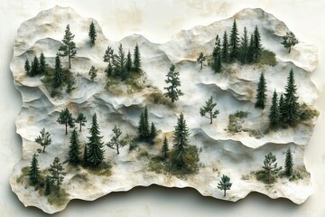 Artistic Representation of Natural Landscape Featuring Pine Trees on Layered Terrain