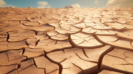 Close up view of cracked dry land with a blue sky and clouds in the background on a sunny day