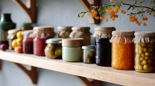 A charming display of homemade jars filled with jam and pickles lined up on a kitchen shelf showcasing the joy of preserving seasonal flavors. - Powered by Adobe
