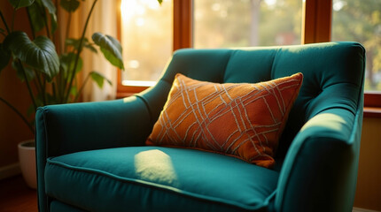 Fototapeta premium A teal armchair with an orange diamond-patterned pillow sits in front of a window. Warm sunlight streams through the panes, casting a glow on the scene.
