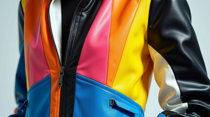 A close-up of a stylish, partially zipped jacket with a mix of textures and colorful geometric panels in yellow, pink, blue, and black on a white base.
