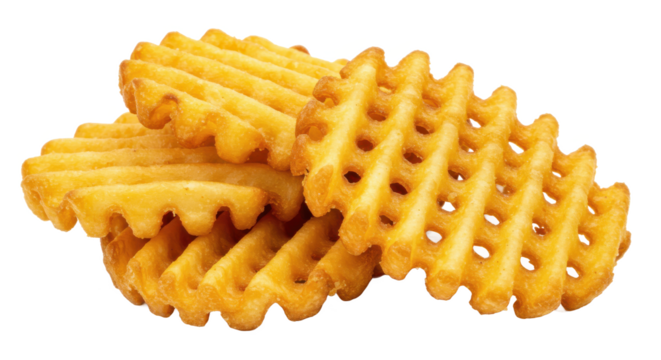 A close up shot of a stack of golden brown waffle fries on a white surface with a blurred background view