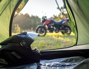 Close-up of motorcycle helmet inside tent with view of bike outside