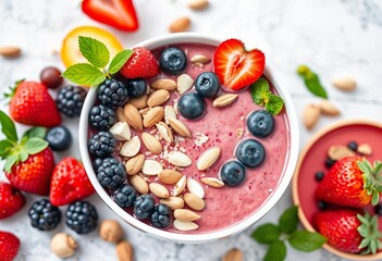 Vibrant smoothie bowl, colorful berries, almonds, superfoods,  vibrant,  fresh