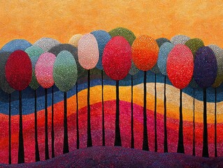 Colorful, stylized trees on a textured, hilly landscape at sunset
