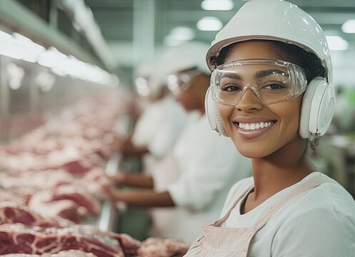 Portrait of smiling female worker in protective gear at meat processing factory line, industrial background.