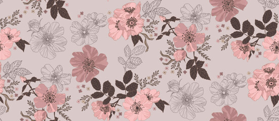Roses pattern in vintage style for packaging, fabric, wallpaper	
