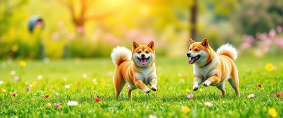 Vibrant spring vector background, playful Shiba Inu dogs frolicking on a lush green field, spring, pet