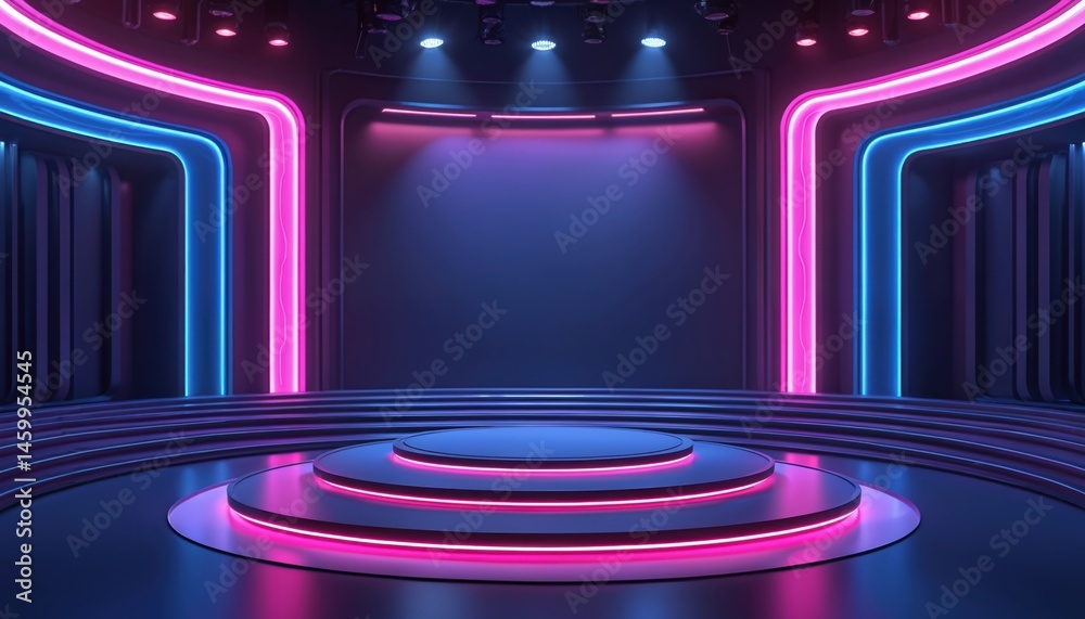 Poster Futuristic modern game show stage with neon lights. Empty studio background template with empty podium for presentations, awards product showcase. 3D rendering for virtual production, cyber, hi-tech.