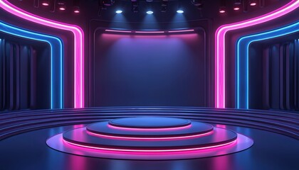 Futuristic modern game show stage with neon lights. Empty studio background template with empty podium for presentations, awards product showcase. 3D rendering for virtual production, cyber, hi-tech.