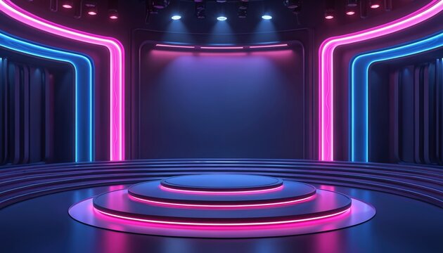 Futuristic modern game show stage with neon lights. Empty studio background template with empty podium for presentations, awards product showcase. 3D rendering for virtual production, cyber, hi-tech.