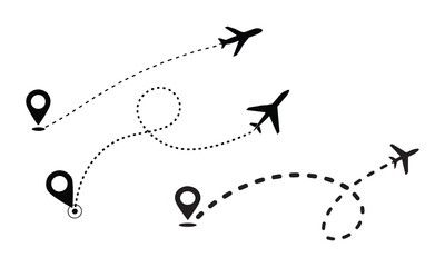 Set of Travel Icon Airplane Silhouette with Dotted Path and Location Pin in vector style with white background