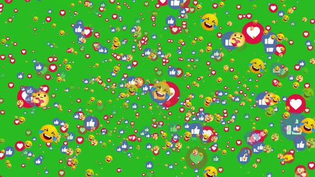 Social media emojis of hearts, smilies, thumbs-up angry, wow, fuuny and likes animation flying moving upwards direction while chatting and streaming