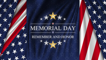 Fototapeta na wymiar Memorial Day. Remember and Honor. United states flag poster. American flag and text on blue with stars background for Memorial Day. Vector illustration.