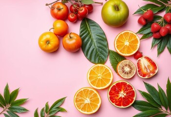 Obraz premium Vibrant summer fruits & tropical leaves arranged on pastel pink , papaya, wallpaper