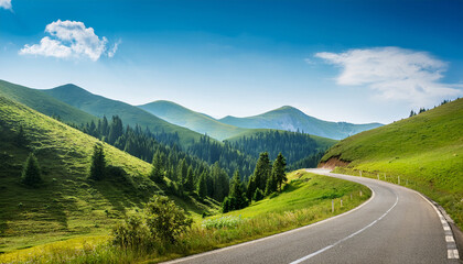scenic country road winding through lush green mountains in summer with copy space image