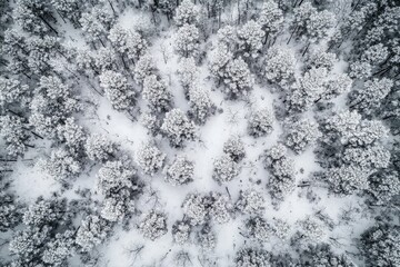 Aerial Snowy Woods, Trees Covered in Snow, TopDown View, Winter Landscape, Outdoor