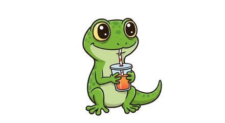 Obraz premium Cartoon gecko drinking