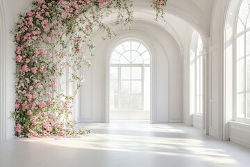 Fototapeta premium Elegant sunlit room with arched windows and lush floral wall