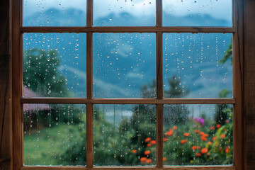 Rainy window view with mountains and flowers in the background  