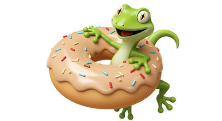 Cartoon gecko on a donut