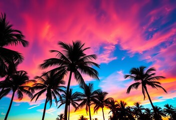 Obraz premium Vibrant sunset hues paint the Palma sky, illuminating palm trees silhouettes, scene, vegetation