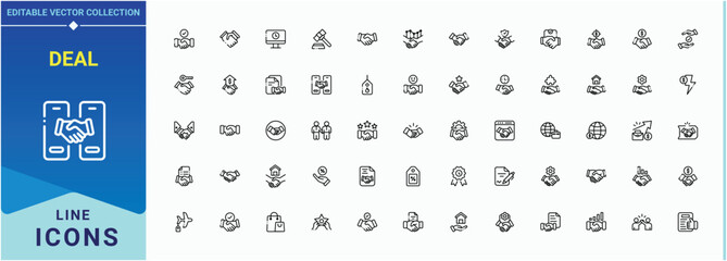 Deal line icon set. Contains such icons as business, agreement, relationship, contract and more. Contract icon set in linear style. Minimalist icons collection. Pixel perfect. Editable vector.