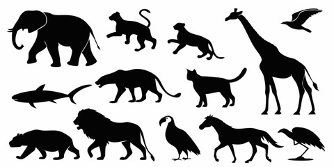 Animal silhouettes vector set, wildlife animals, mammal, bird, fish, graphic design, vector illustration
