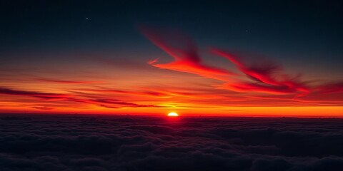 Obraz premium Vibrant sunset panorama, orange sun, red clouds, starry night sky, horizon, vibrant