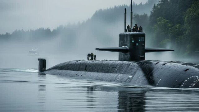 Closeup view of unmarked military submarine operating in misty waters near forested coastline, A close-up view of an unmarked military submarine in murky waters - able