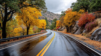 Fototapeta premium A wet road with yellow and red trees on the sides of it