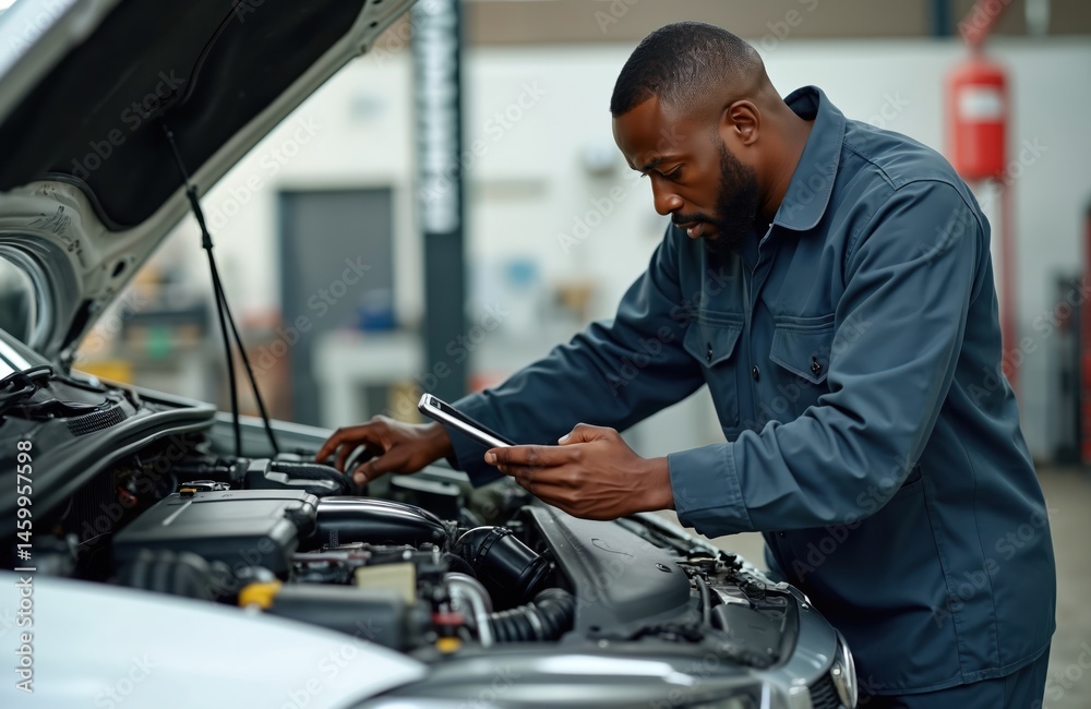 Poster african american mechanic uses tablet diagnose car engine problem at workshop. man in uniform checks