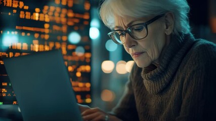 Senior woman processes financial data at a computer in a modern office setting, financial data processing over senior caucasian woman using laptop - Powered by Adobe